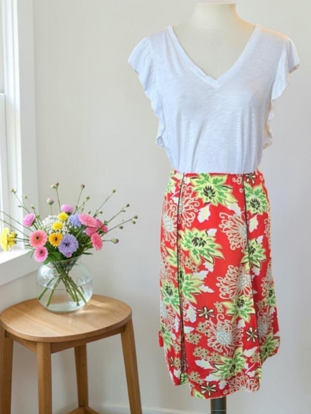 Loco Lindo Tropical Floral A-Line Skirt Retro Inspired Elastic Waist Womens M